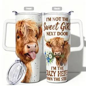 Stainless Steel Cup Highland Cow 40oz Watercolor Double Wall Vacuum Insulated Cup, Leakproof Lid & Carry Handle Travel Mug for Outdoor Camping Hiking, Gift for Dad, Mom, Brother, sister, Leakproof Tumbler, Drinkware