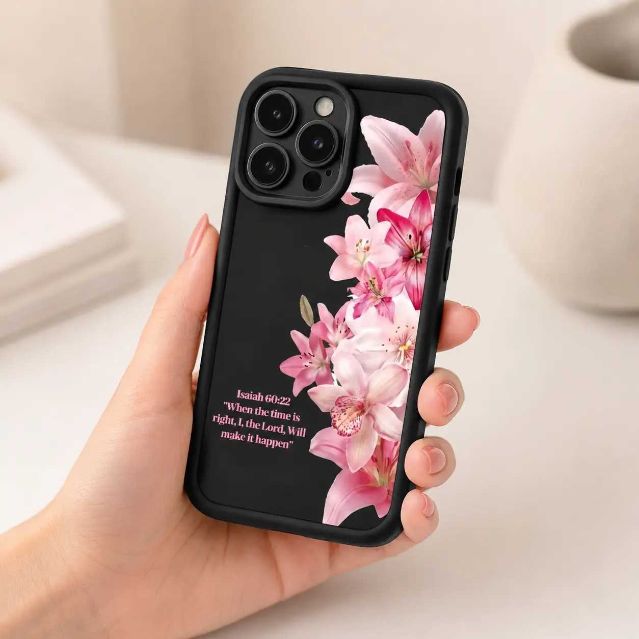 Pink Lilies & Isaiah 60:22 Verse Inspirational Case for iPhone17/17PROMAX/17PRO/16/15/14/13/12/GALAXYS21/S22/S23/S24 Celestial Eye Layered Phone Case,Christmas,Themed,Soft,TPU