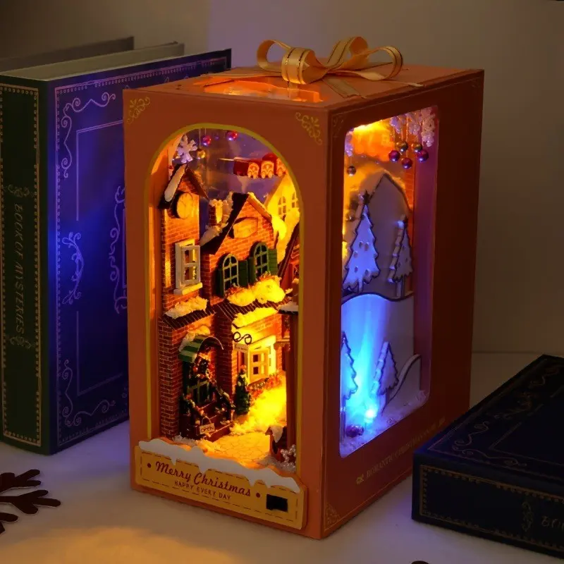 Christmas Winter Town DIY Book Stand Kit, LED Lighted Book Holder Miniature Model, Handmade Assembly Book Corner Decor Gift