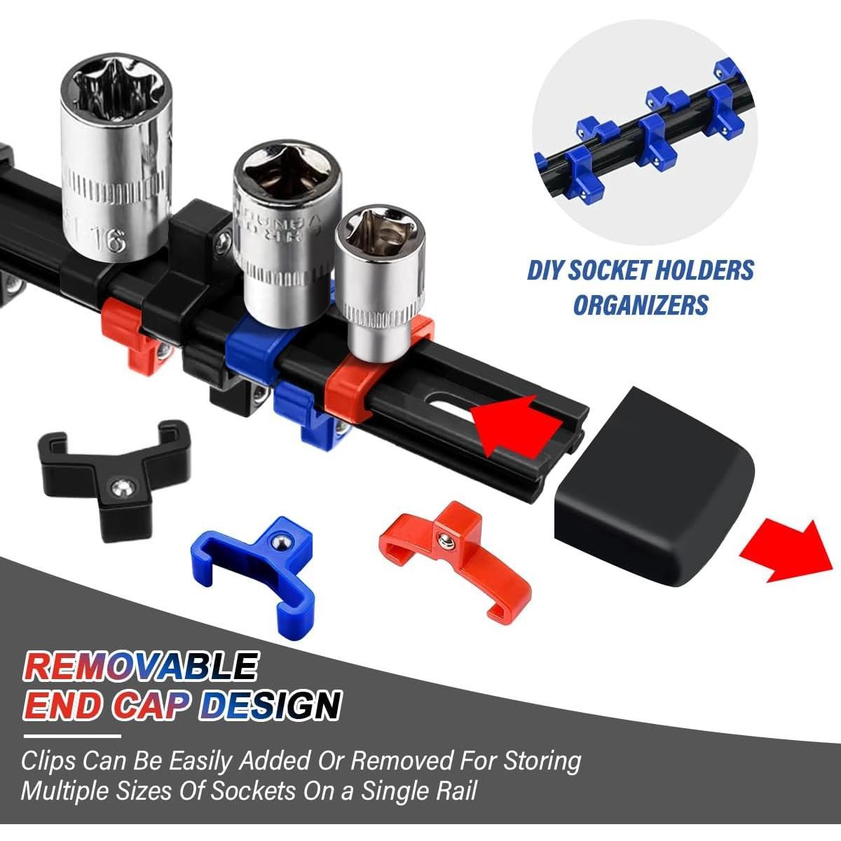 3- Socket Organizer Rail Set,  Holder, Heavy-Duty Rack Kit - 1/4", 3/8", 1/2" Sizes - Ideal for Tool Storage