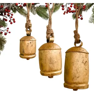 Mie Creation Set of 3 Harmony Rustic Cow Bells, Vintage Christmas Large Bells with Jute Rope, Wall Door Iron Cowbells, Christmas Ornaments Holidays Home Decor- Antique Gold