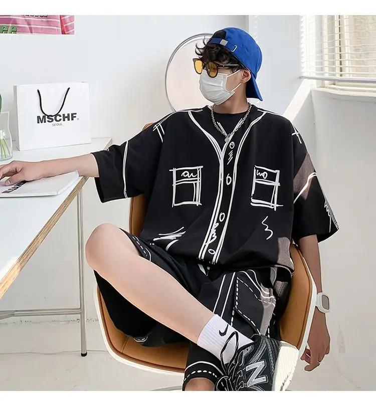 Summer Elegant Fashion Harajuku Slim Fit Ropa Hombre Loose Casual All Match Sports Suit Ice Shreds Short Sleeve Two Piece Set