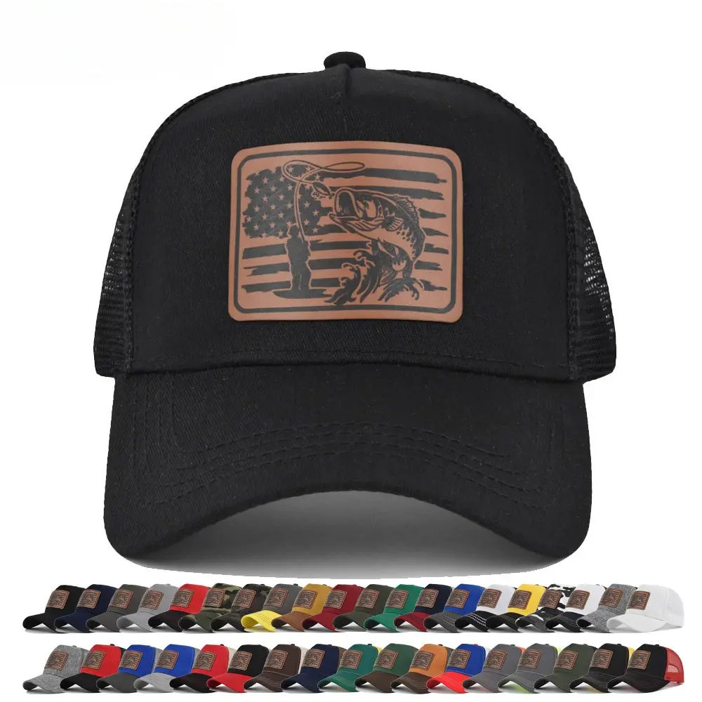 American Flag Fishing Graphic Patch Trucker Hat - Fabric Front, Mesh Back, Curved Brim - Effortless Outdoor Style Casual Hats for Fishing, Camping, Everyday Wear