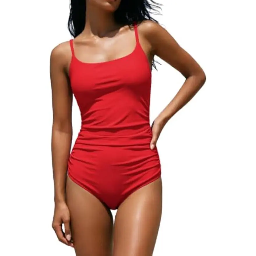 QINSEN Apparel Womens Square Neck One Piece Bathing Suit  Swimsuit Lace Up Back High Waist