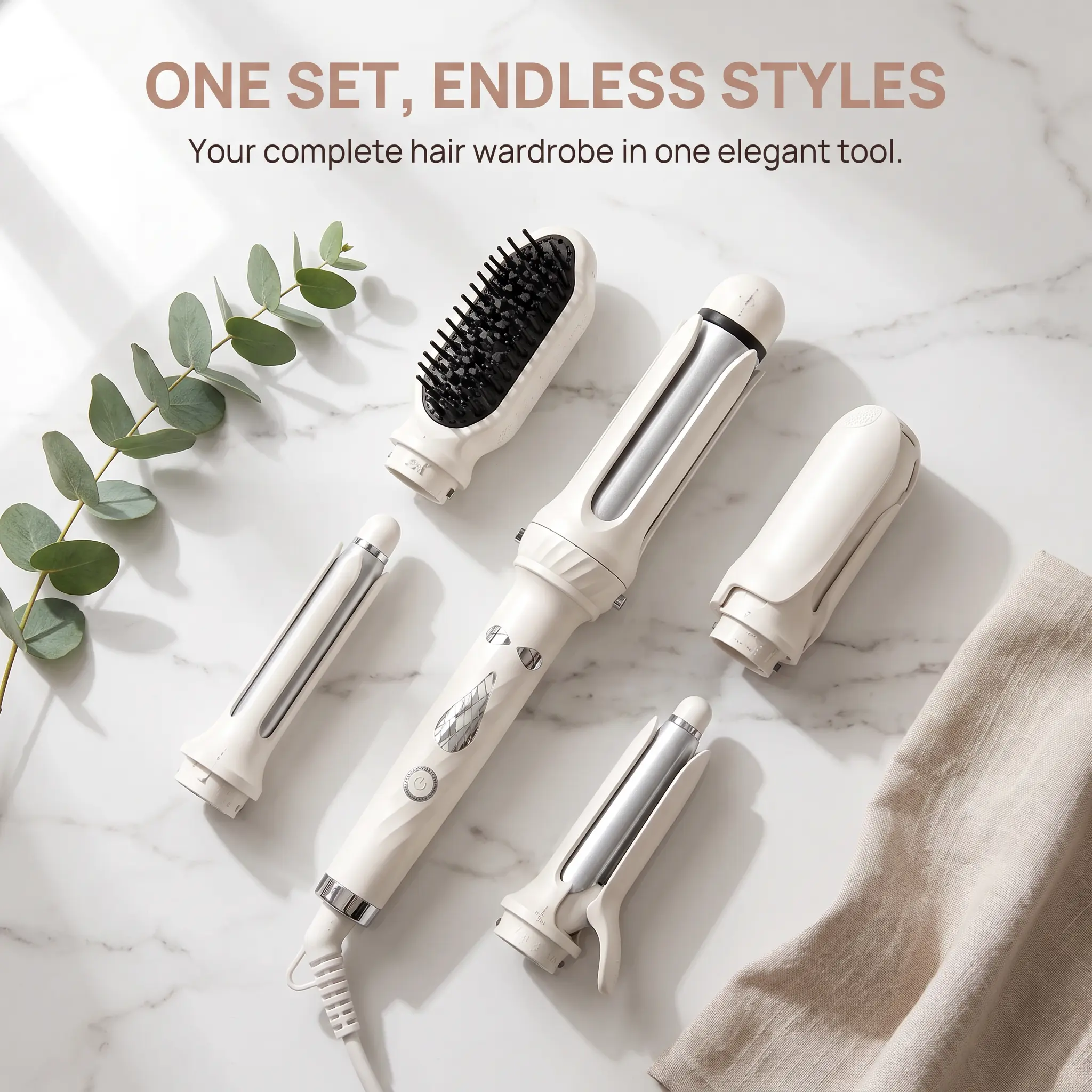 One Tool For All Hairstyles! 5-in-1 Auto Rotating Curler Kit, Dual Size Curling Barrels & Straightening Brush, Anti-Frizz Salon Styling