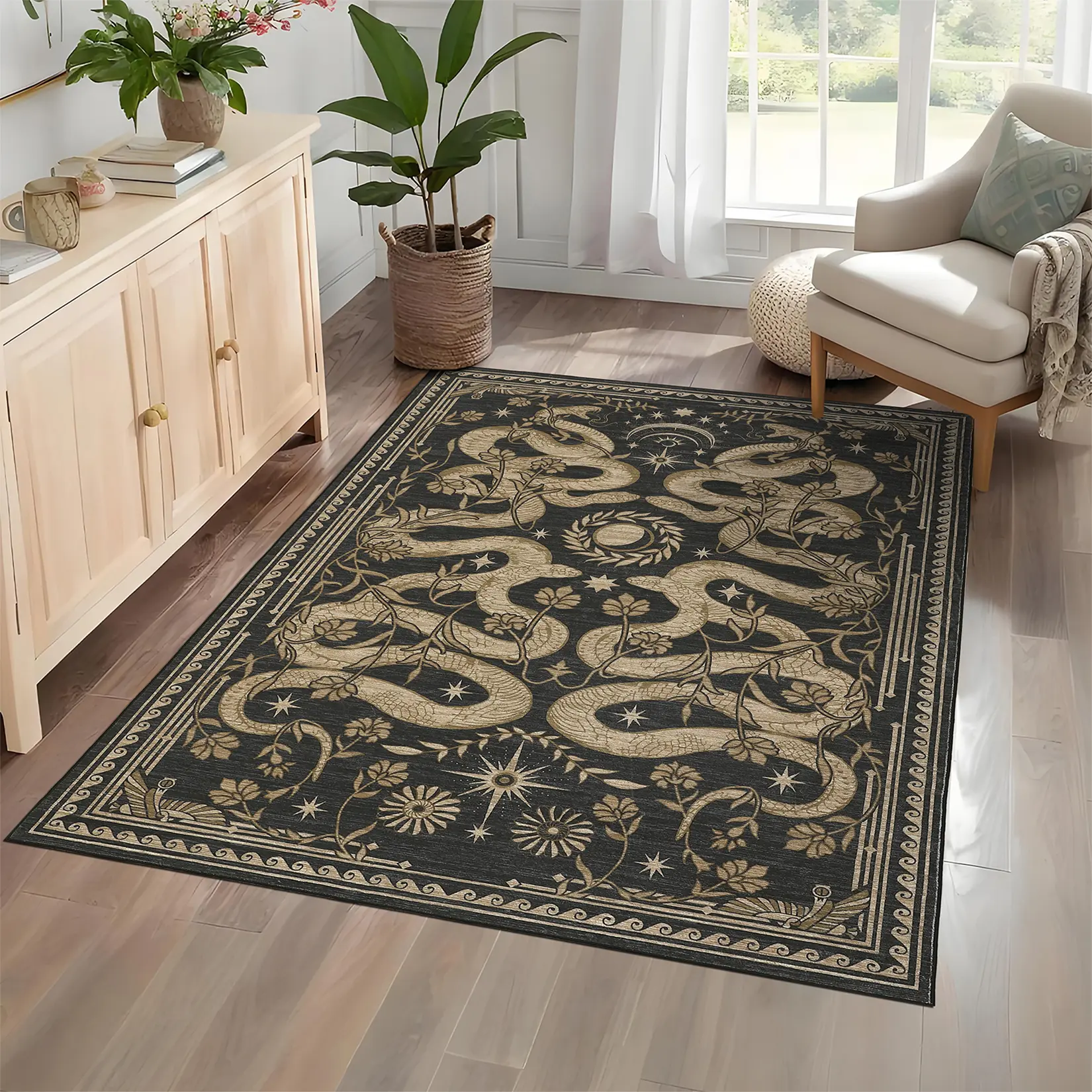 Washable Area Rug – Celestial Gothic Soft Carpet with Non-Slip Backing, Low-Pile Stain Resistant Floor Mat for Living Room Bedroom Decor