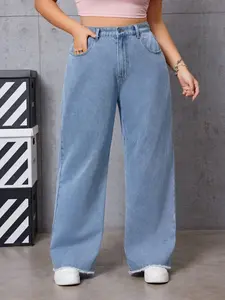 Plus Size Washed Edge Wide Leg Jeans, High Waist Casual Pants, Comfortable and Stylish, Perfect for Everyday Wear