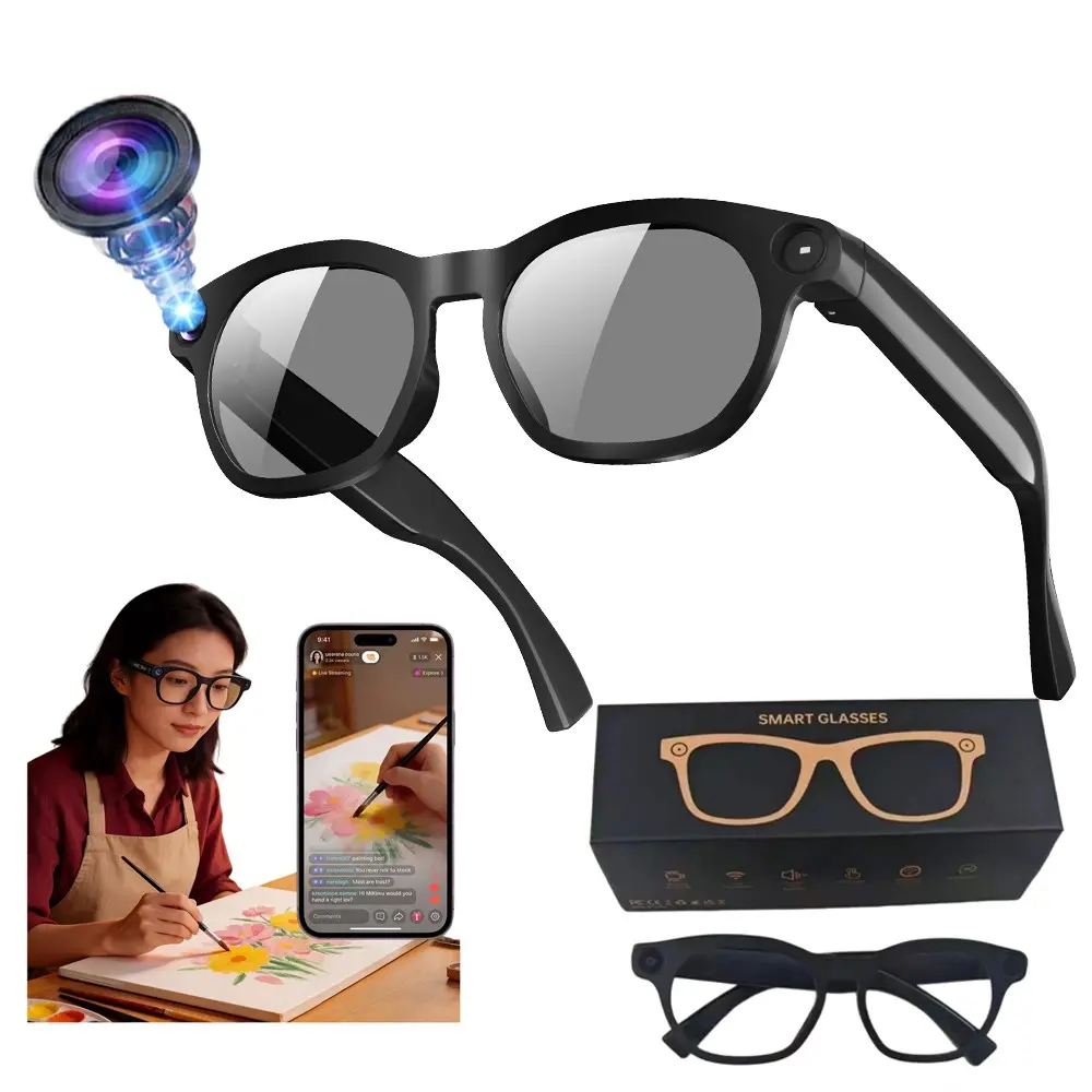 Bluetooth AI Smart Glasses, Wireless Smart Glasses, Hands-free Video Recording, 4GB Memory Build-in, 8MP Camera, Build-in Mic & Speakers, Bluetooth Calling, AI Real Time Translation, WiFi Transfer, Type C Charging Support, 2 Lenses (Transparent +Black )
