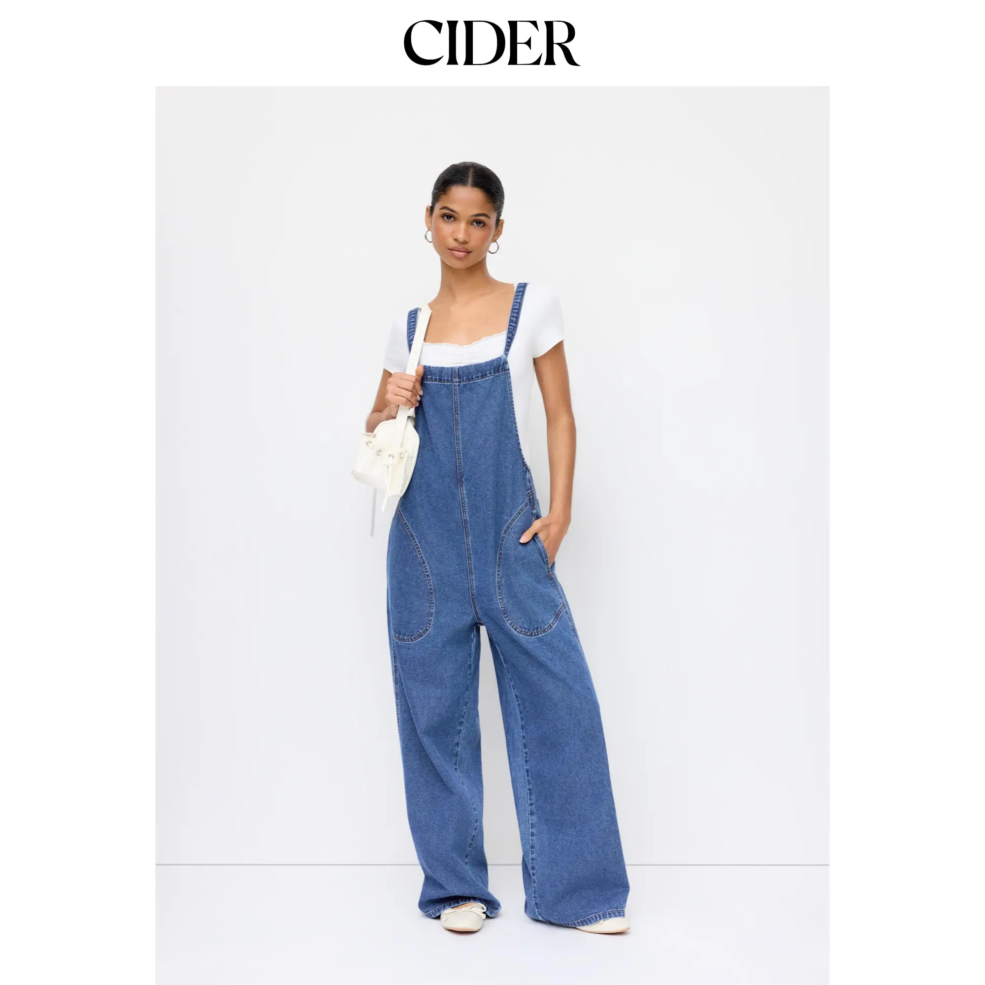 Cider Denim Bowknot Mid Rise Wide Leg Overalls