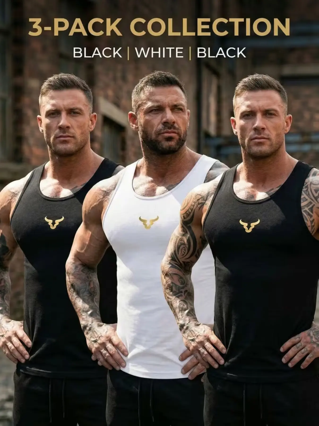 3-Pack Bull Logo Fitted Sleeveless Sports Vest for Men, Breathable Muscle-Defining Innerwear, Casual Compression Wear