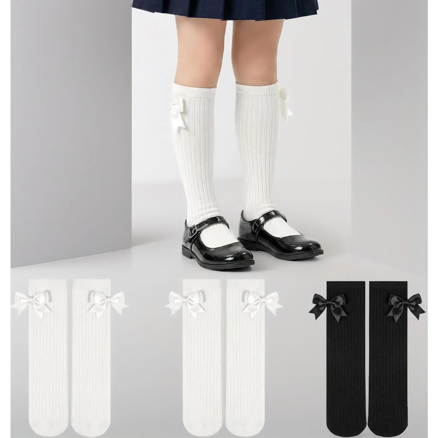 Girls' 3-Pair Cotton Knee-High Socks with Bow Accents, School Uniform Dress Long Socks for 4-12 Years Old
