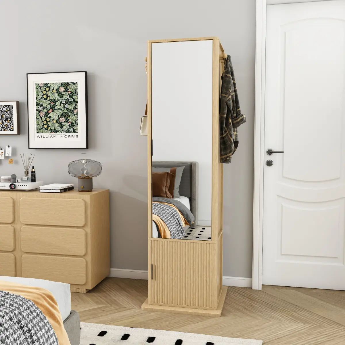 Elegant Walnut 360-Degree Rotating Makeup & Jewelry Cabinet with Full-Length Mirror, Standing Storage Wardrobe with Coat Rack, 4 Open Shelves, 2 Built-In Resistant Shelves, Home Decor Gift