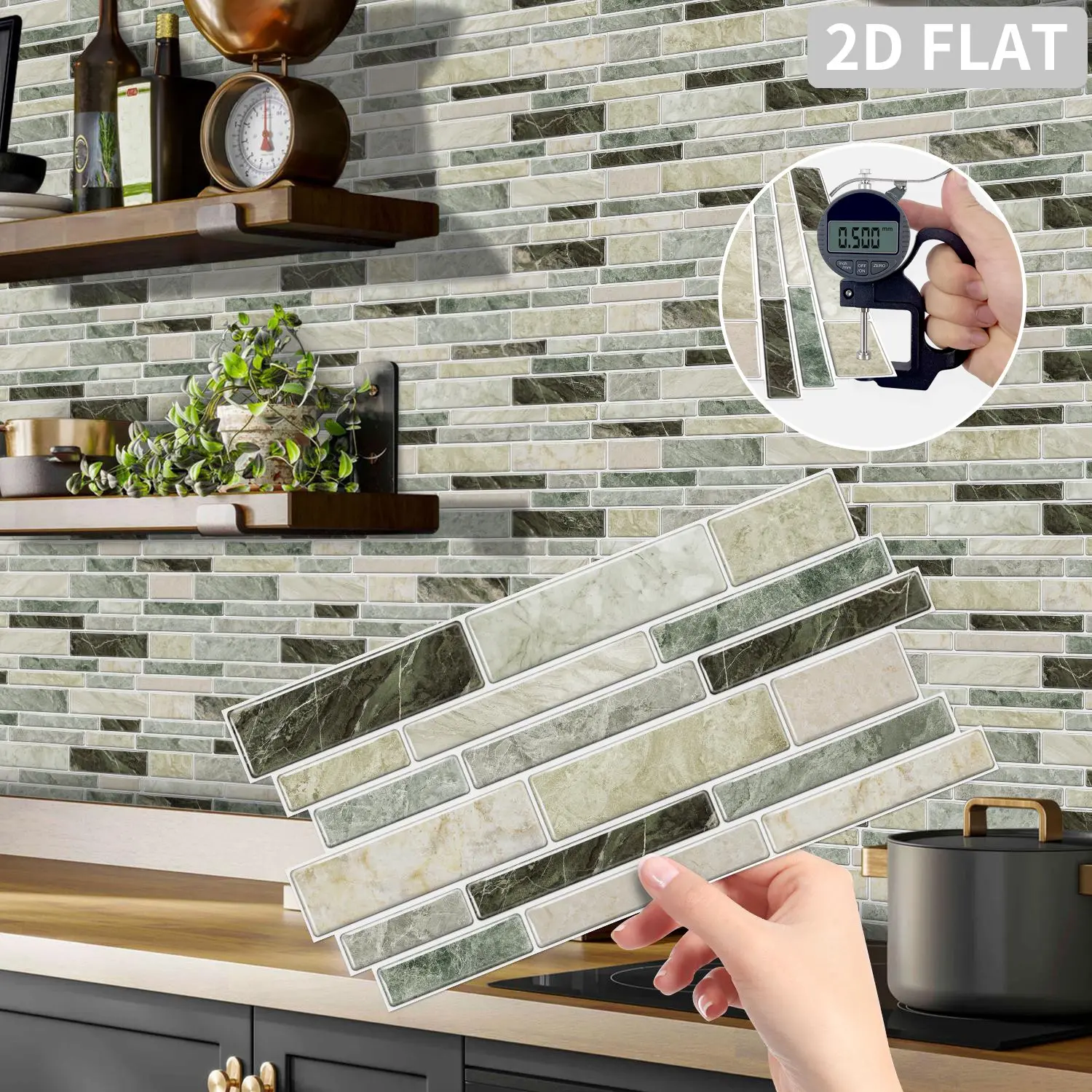 12/24/48PCS XY-HTP Self-adhesive Wall Stickers, Light Green & Beige Mixed Marble Tile Decals, Strong Adhesive Crystal Film, Glossy Surface. Removable No Residue, Easy to Clean. Suitable for Kitchen, Bathroom, Bedroom, Office & All Smooth Indoor Surfaces
