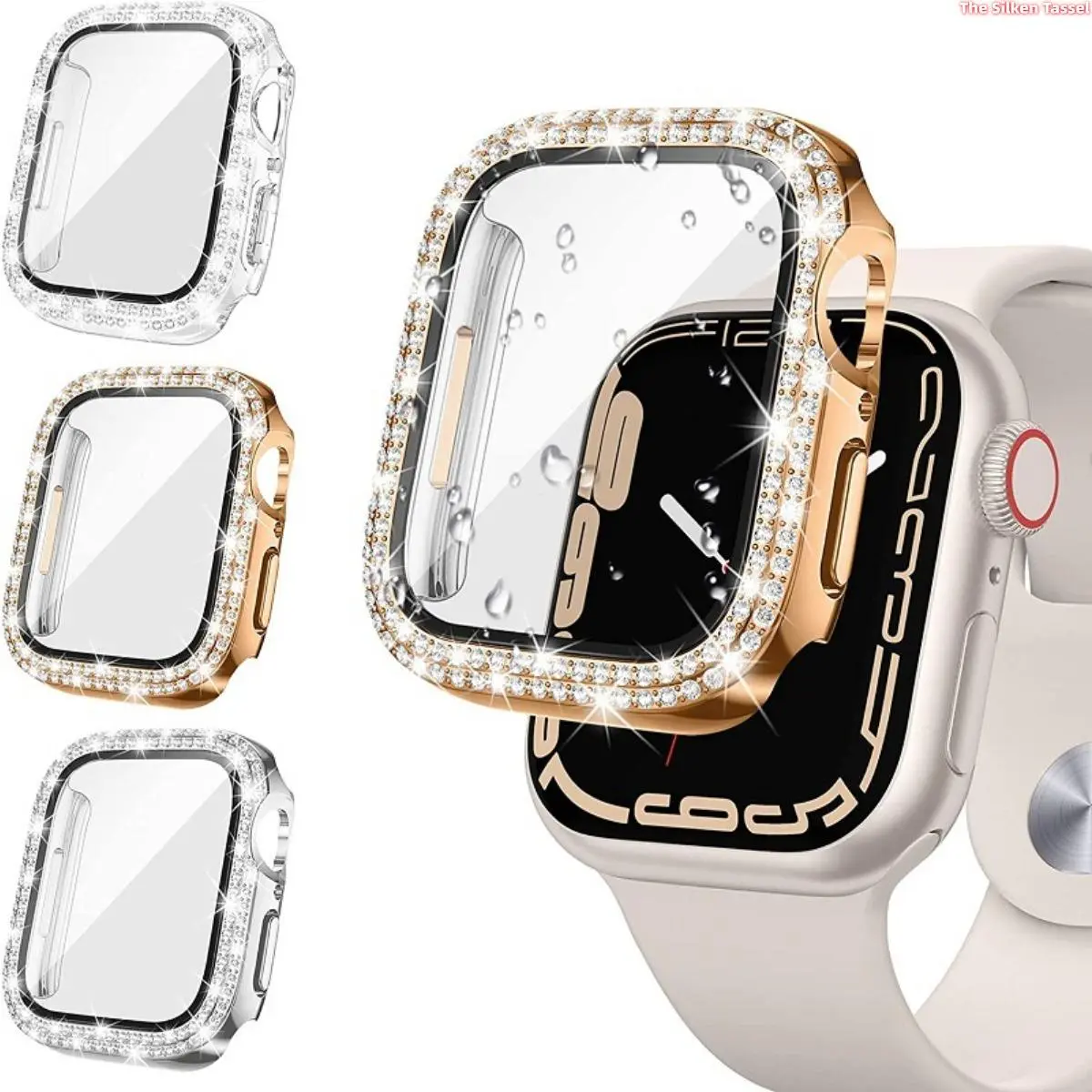 Electroplated Double Row Rhinestone Integrated PC Case With Tempered Glass, Full Protection Cover For Apple Watch Series5-11 Ultra All Sizes (No Watch Included) tiktokshopbacktoschool