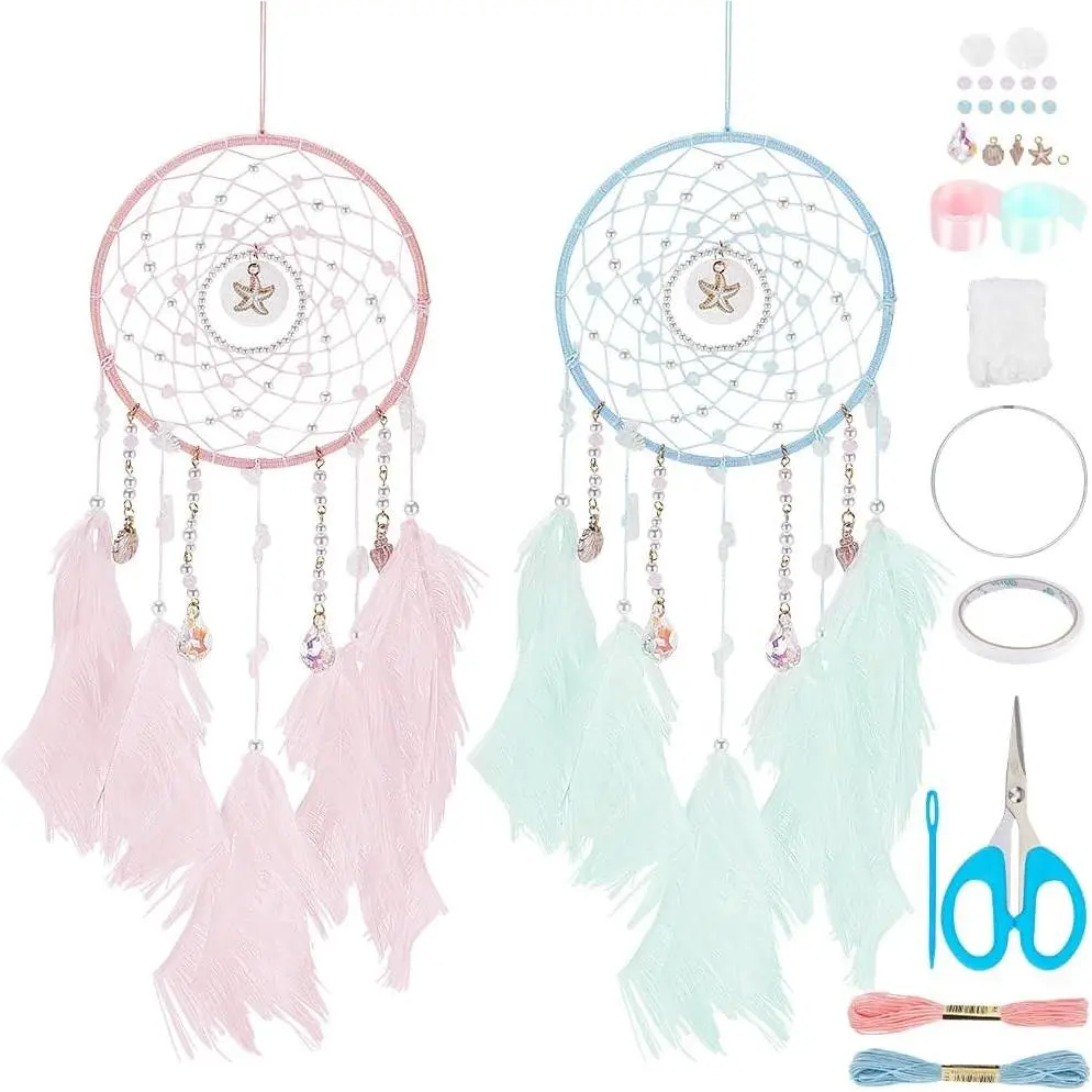 INFUNLY 2PCS Large DIY Dream Catcher Kit, Ocean Themed Pink Blue Handmade Beaded Feather Dream Catchers with Pendant for Bedroom Wall Hanging Home Decor