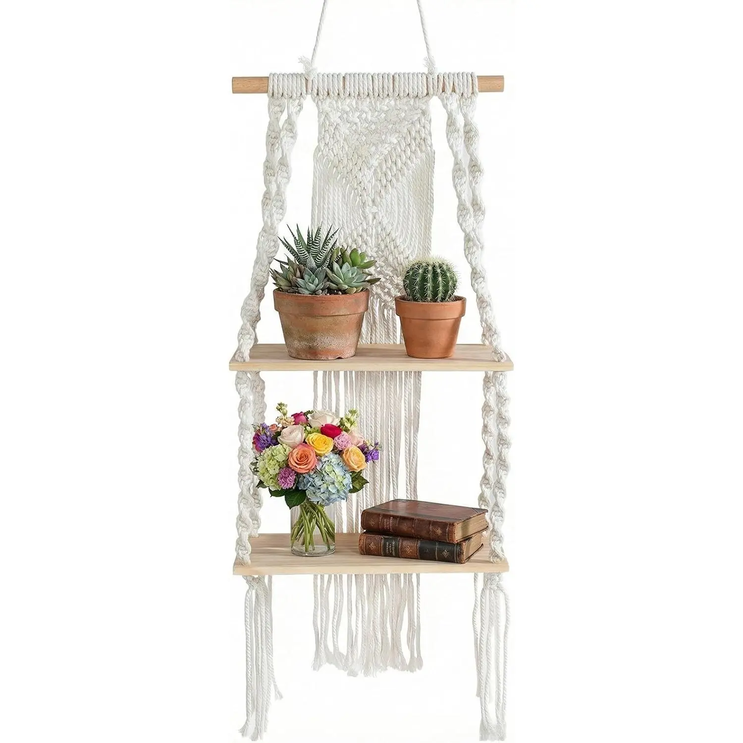 Bohemian Handmade 2-Tier Wood Floating Shelf Set, 11.8x5.9in Natural Fiber Woven Rope Home Decor Organizer for Bedroom, Beige Classic