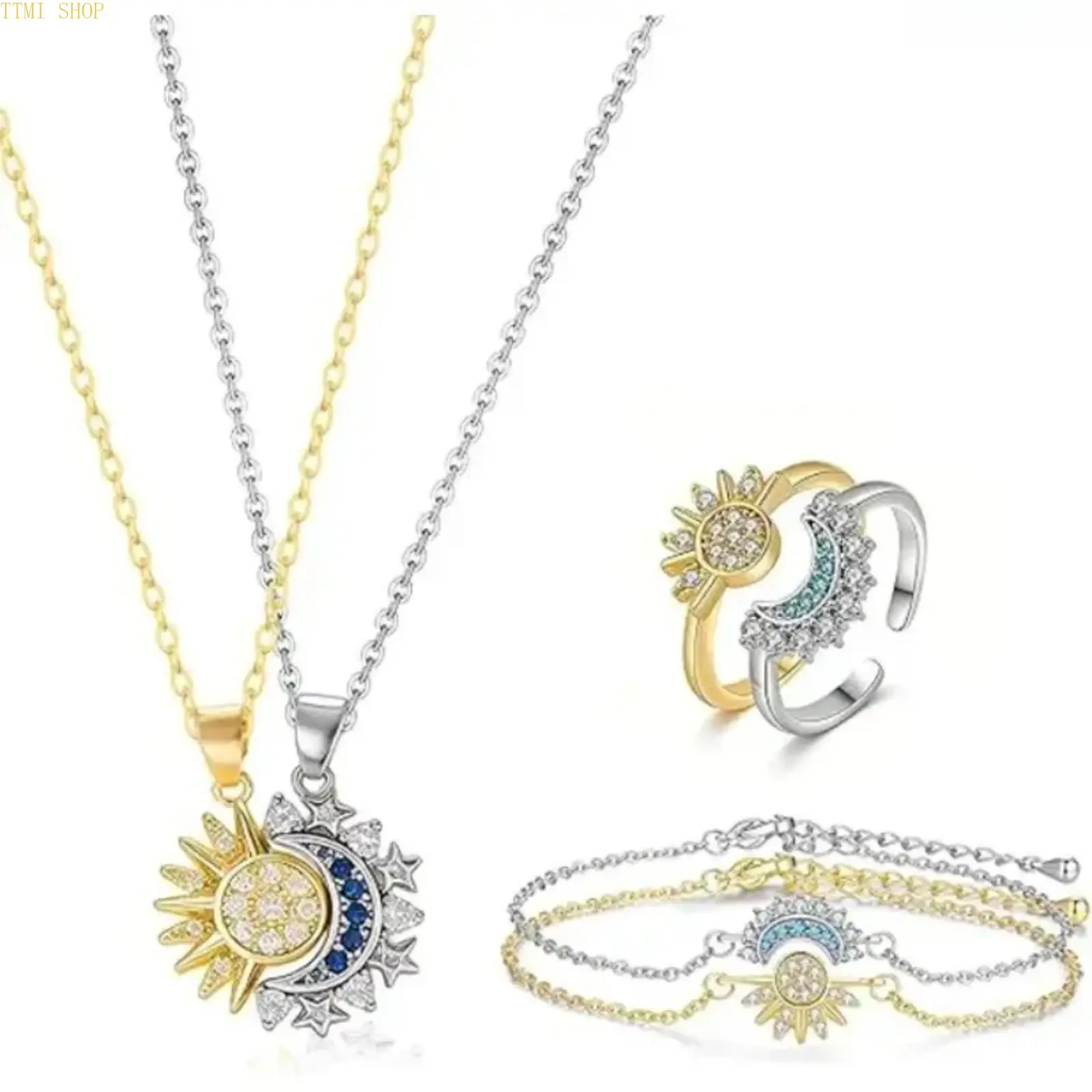 3Pcs Sun Moon Magnetic Matching Jewelry Set for Couples, Adjustable Necklace Bracelet Ring Kit, Romantic Couple Accessory Gift for Him & Her, Daily Party Back to School Present