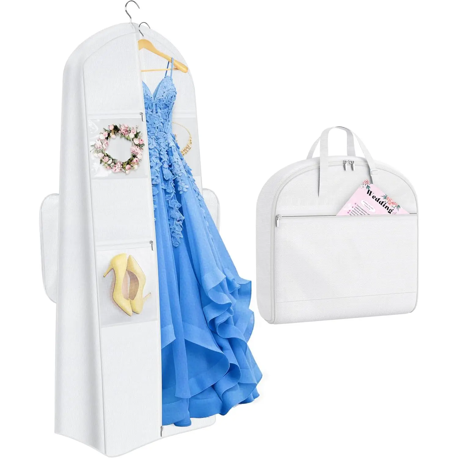 2-in-1 Wedding Dress Garment Bag with 5 Bride Accessories Pockets 70" Dress Bags for Gowns Long with Adjustable Handles Trifold Dresses Cover for Travel and Closet Storage, White