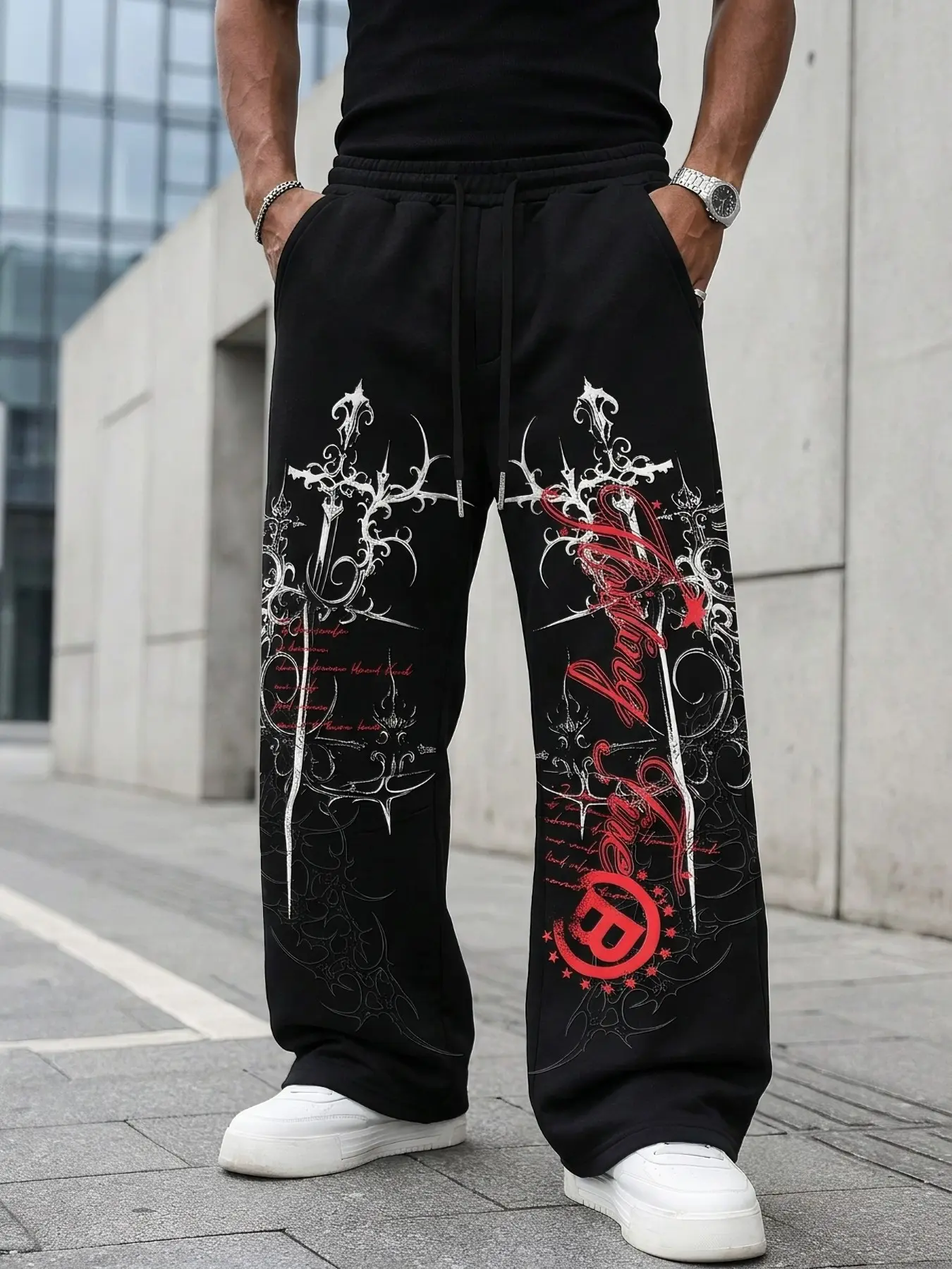 Polyester Fabric Men Loose, Elastic Drawstring Wide Leg Full Length Sweatpants, Gothic Thorn Cross Red Graffiti Letter Print Casual Trousers, Gauchos Pants, Pants Royal Ascot Outfits, Menswear Clothing