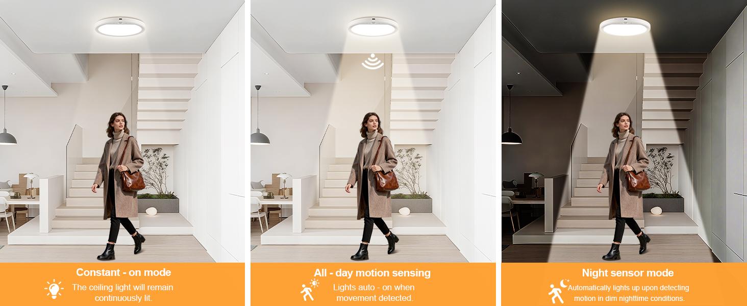 Rechargeable Motion Sensor Ceiling Light with Remote, 3000K 4000K 6500K Magnetic No Wiring LED Ceiling Light Battery Powered for Shower Stairs Hallway Porch Pantry Garage Patio Shed
