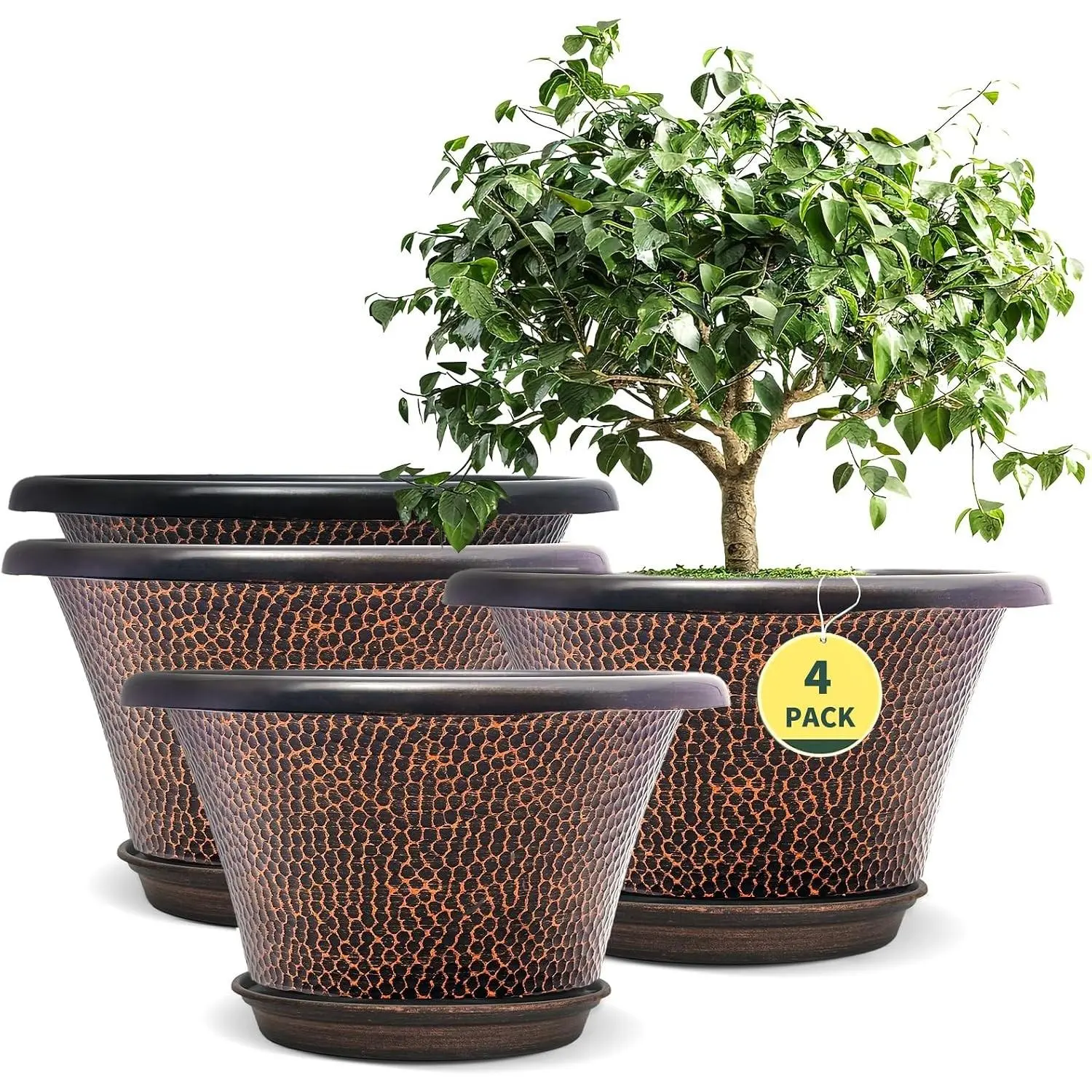 12 Inch Pots for Plants,4 Pack Large Flower Pots with Drainage Hole | Modern Planters for Indoor Outdoor Plants,Decorative Resin Garden pots with Saucer,Brown