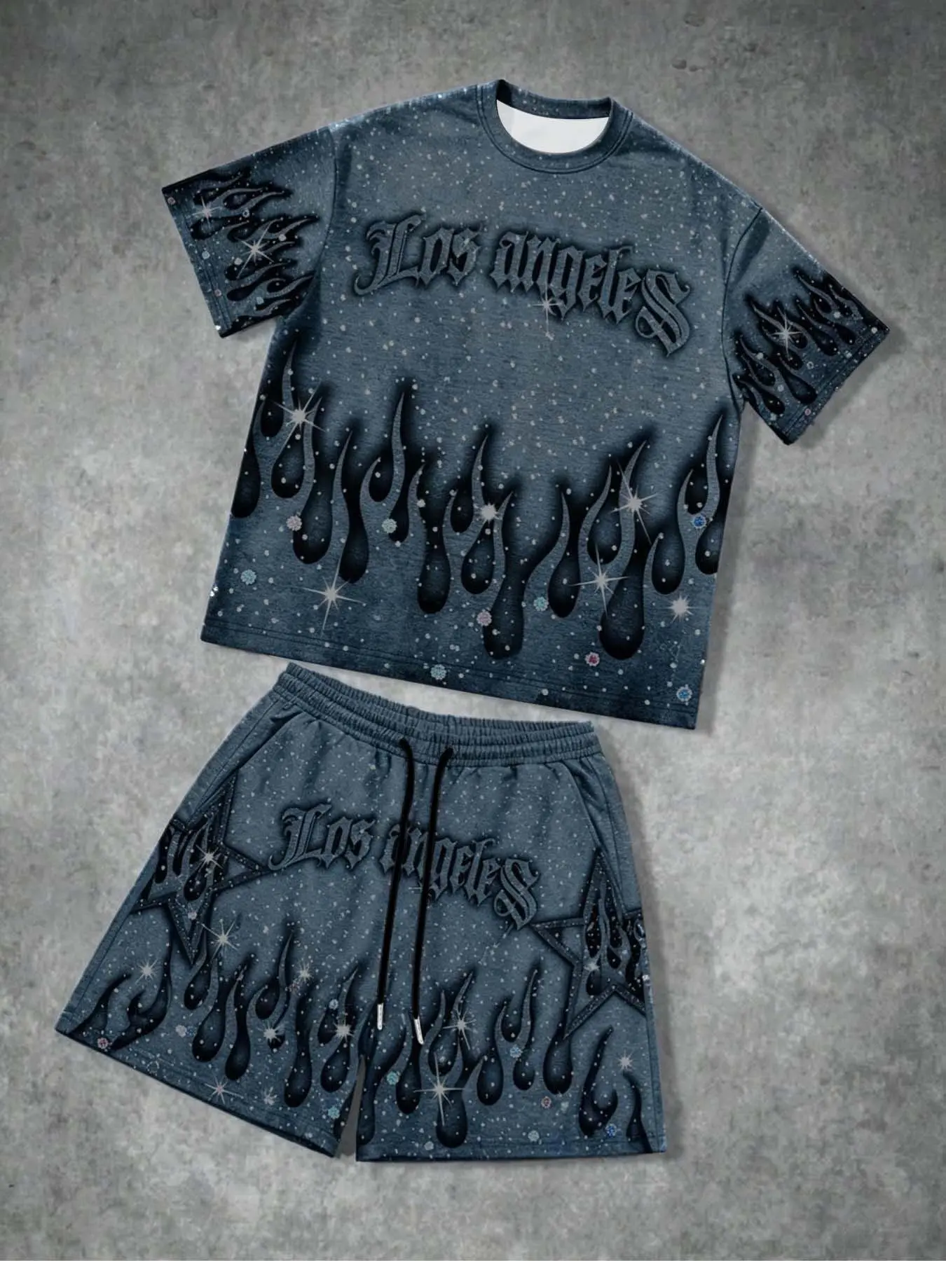 Men's 2-Piece Set, Flame Letter Print T-Shirt and Shorts, Menswear, Casual Comfortable, Ideal for Daily Leisure Activities
