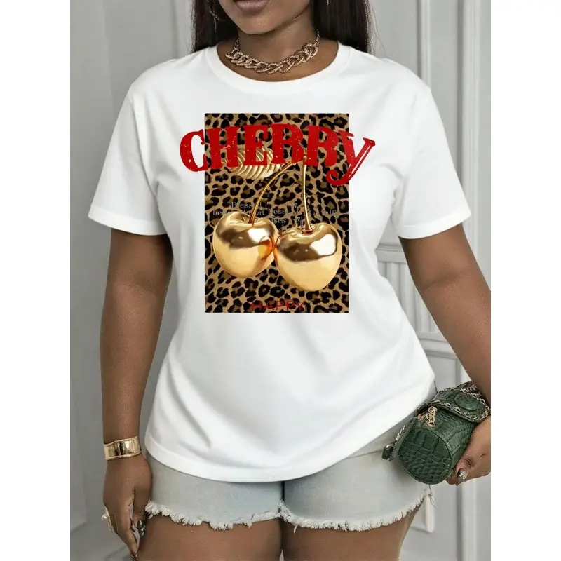 Women's Gold Cherries Leopard Print Graphic T-Shirt| Cute Short Sleeve Cotton Knitted Shirt| Vintage Round Neck Summer Top| Cozy Y2K Aesthetic Trendy Casual Apparel| Chic Statement Outdoor Gift