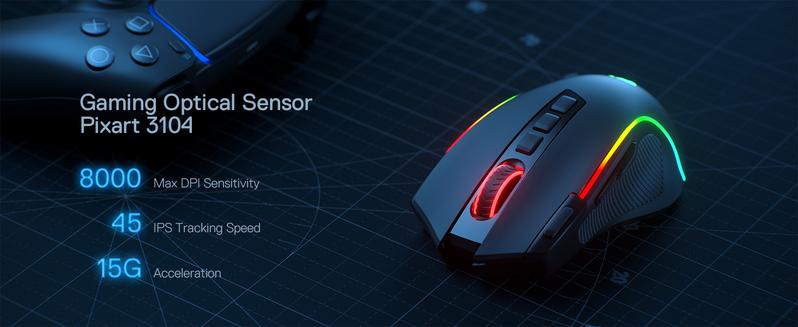 Redragon M612 PRO RGB Gaming Mouse, 8000 DPI Wired/Wireless Optical Gamer Mouse with 9 Programmable Buttons & 7 Backlit Modes, BT & 2.4G Wireless, Software Supports DIY Keybinds Rapid Fire Button