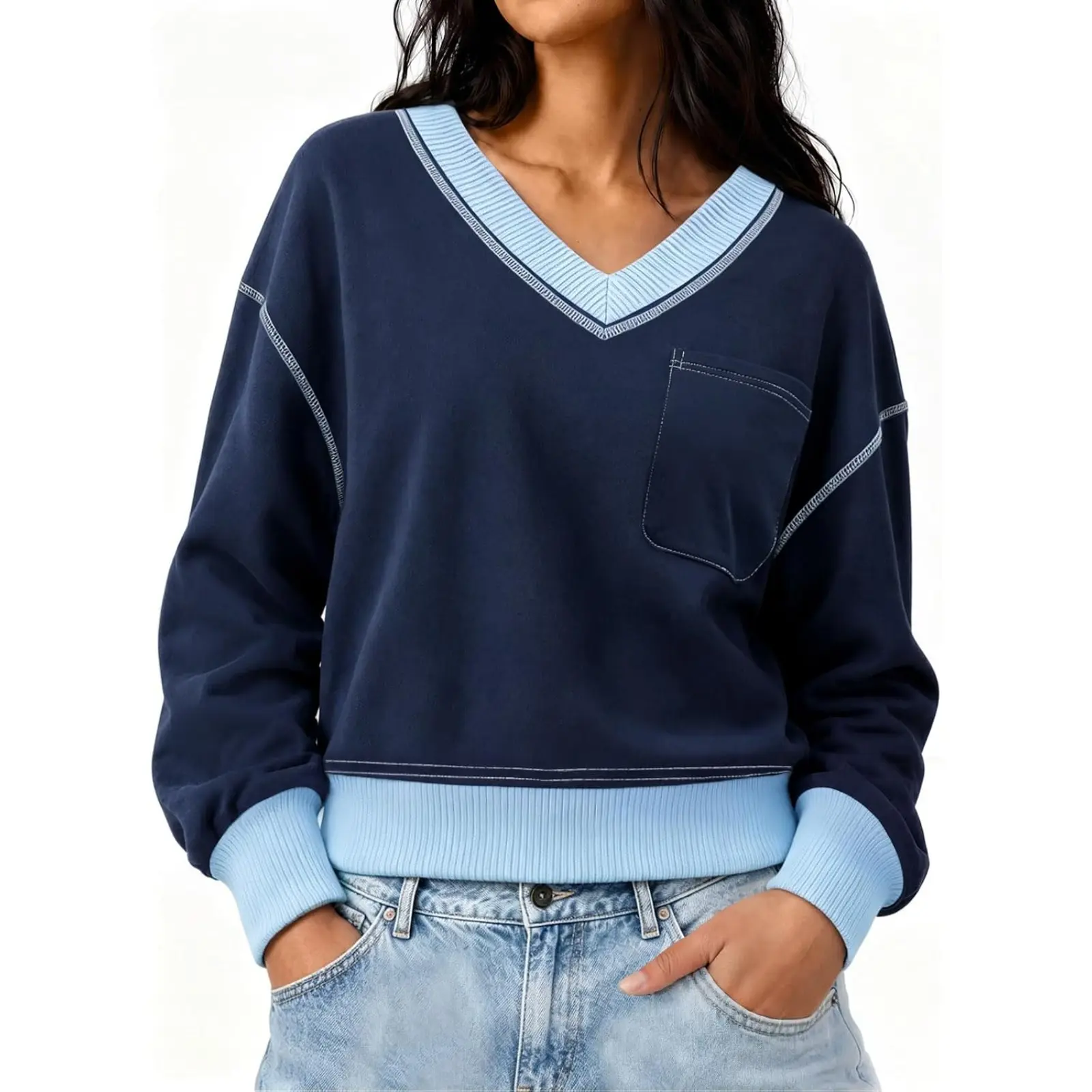 Yousify Women's V-Neck Relaxed Fit Cotton Blend Sweatshirt - Fall Long Sleeve Elegant Patchwork Pullover, Dressy Casual Holiday Outfits, Machine Washable, Plain, Lightweight, Stripe Accents, Medium Length, Polyester-Elastane Fabric, Pullover Top, Chic
