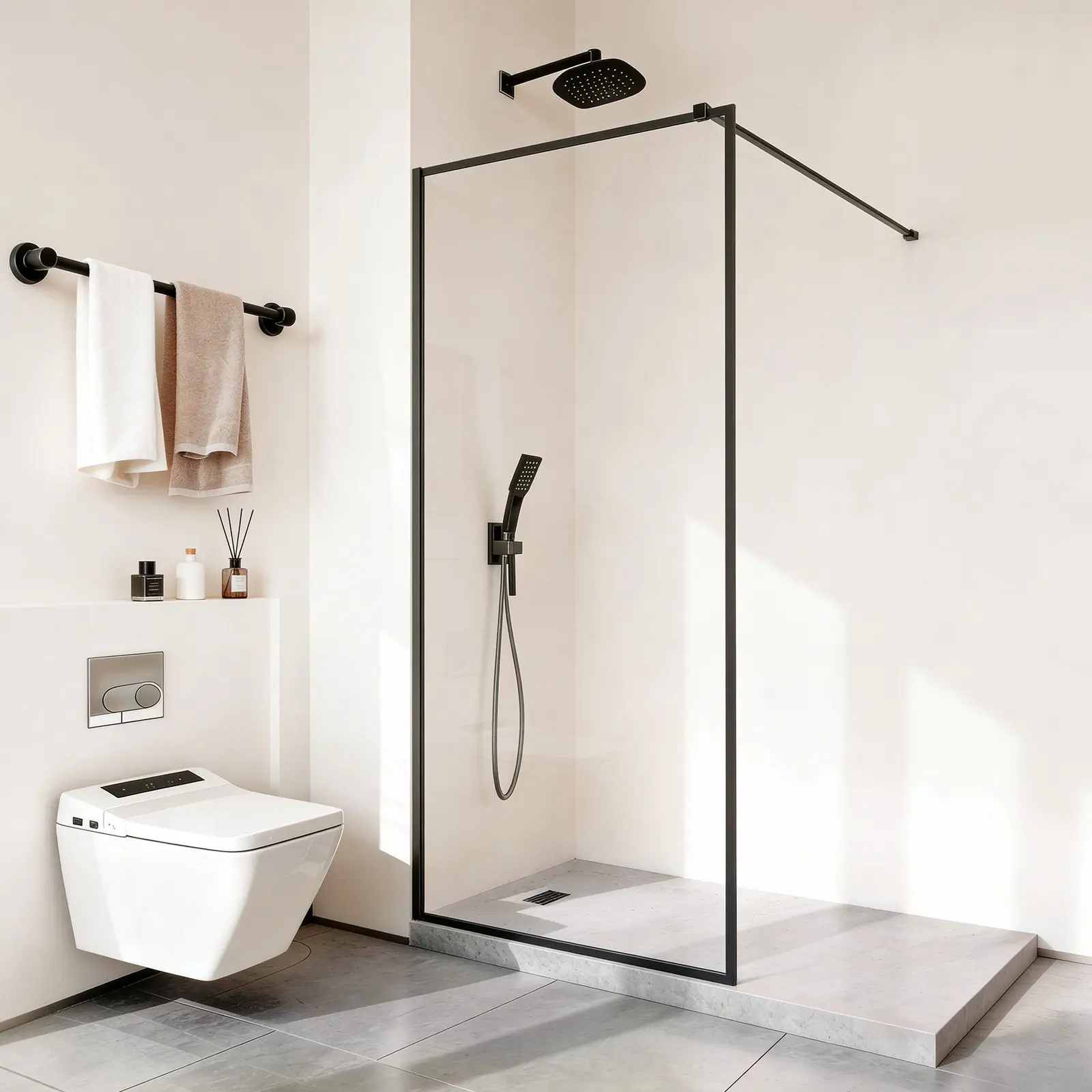 VEVOR Fixed Glass Shower Door Panel, 34x73.6 in Alcove Shower Screen, 5/16 in Thick Tempered Glass with Bottom Seal Strip, Matte Black Aluminium Frame, Stainless Hardware, Easy Installation for Bathroom