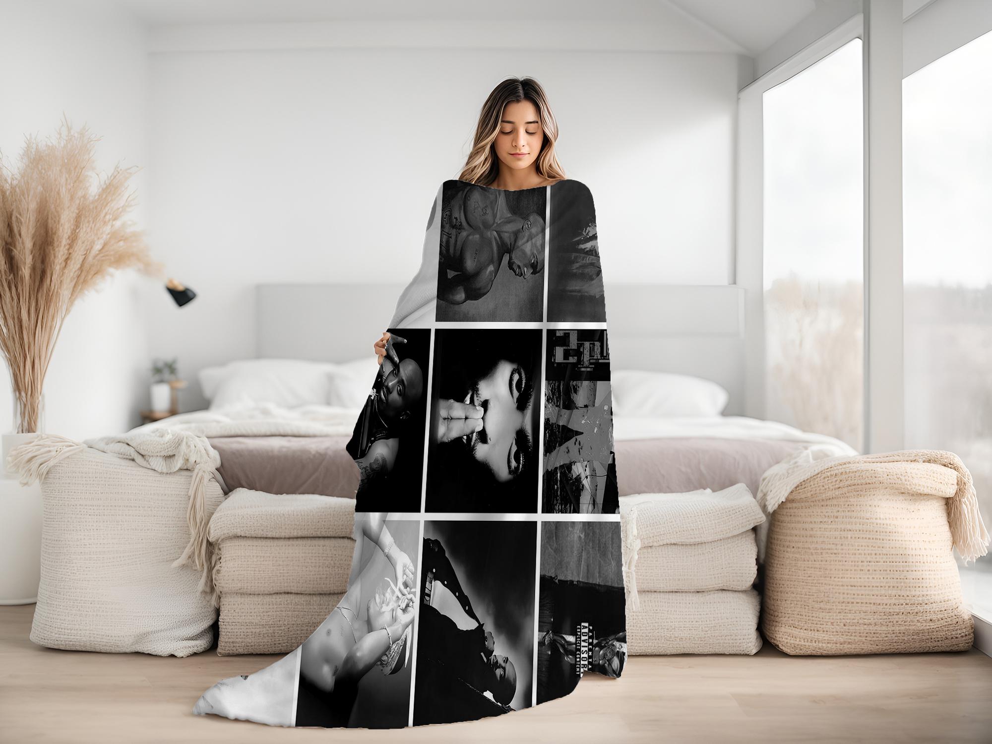 Tupac Shakur 2Pac Monochrome Legacy Collage Fleece Blanket – Makaveli Thug Life Hip Hop Icon Black & White Photo Plush Throw, Perfect for 90s Rap Fans, Ideal for Man Cave, Dorm or Music Room Decor