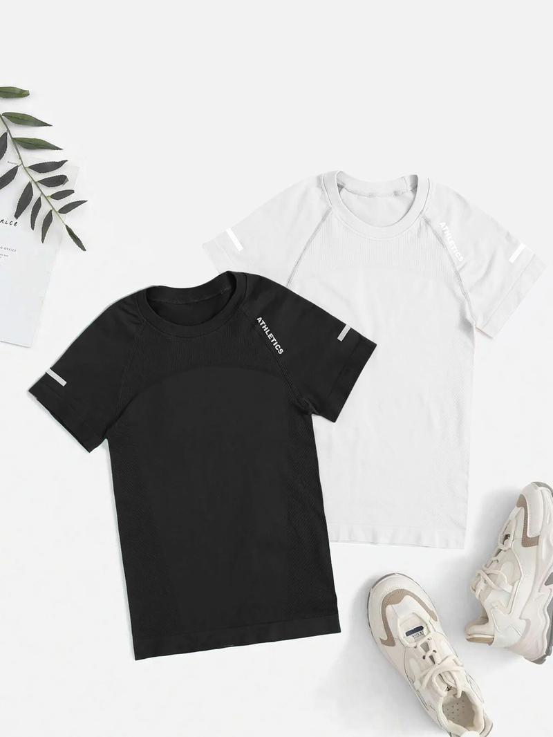 Women's 2pcs Letter Print Raglan Sleeve Sports Tee, Round Neck Short Sleeve T-Shirt for Yoga Gym Workout Running, Ladies Sportswear for All Seasons, Athletic Yoga Shirts