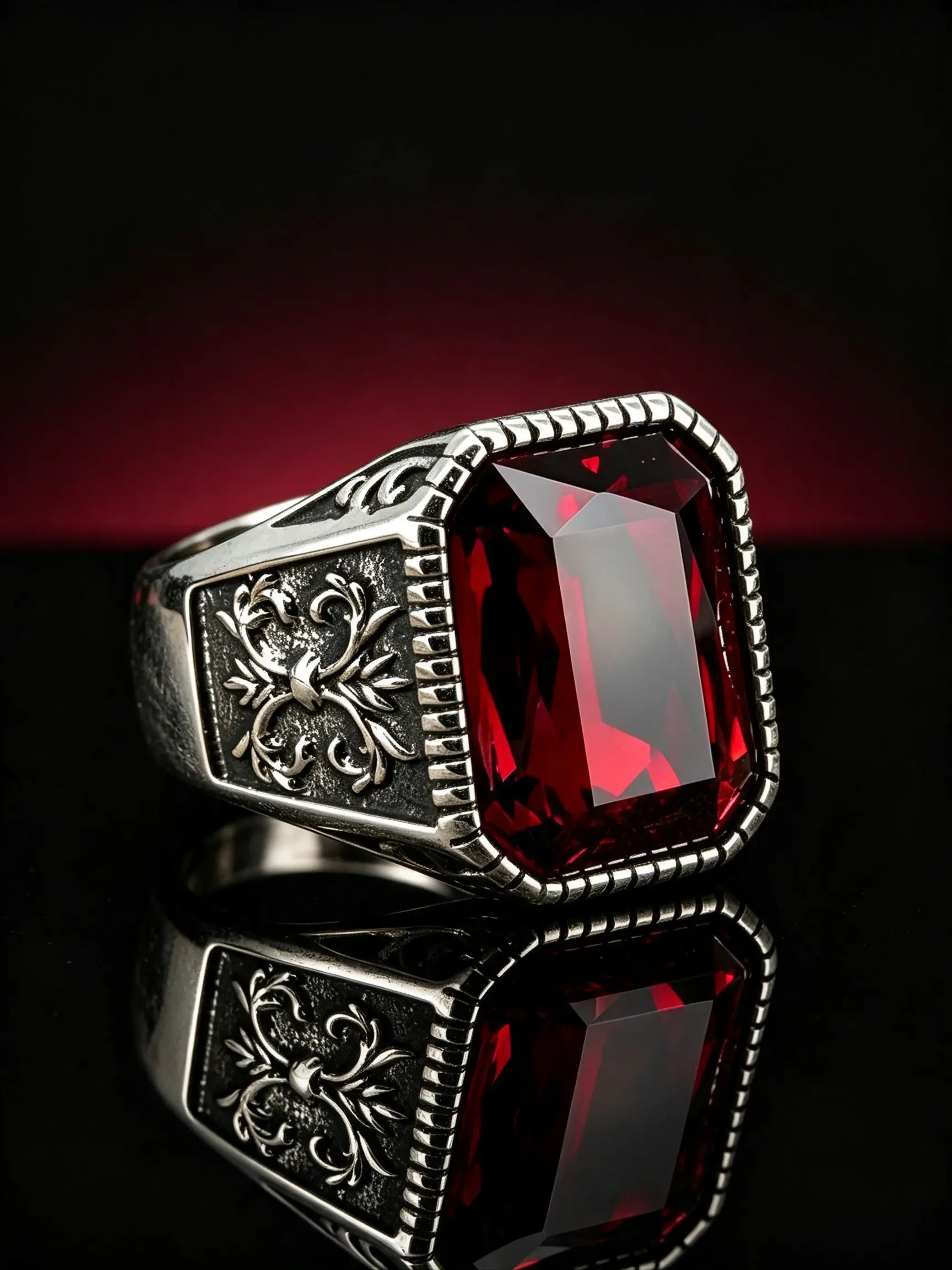 Silver Tone Vintage Vine Engraved Rectangle Garnet Men's Wide Band Ring, Chunky Rings, Antique Serrated Bezel Statement Signet Ring, Hypoallergenic Luxury Jewelry, Ideal For Business Party Daily Retro Wear, Gift For Men
