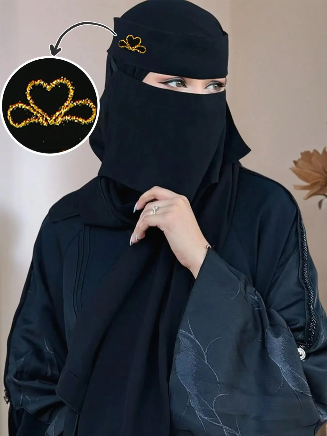 Luxury Heart Gold Leaf Islamic Veil, Pure Niqab Scarf, Single Layer, Elegant Casual Style, Ideal for Prayer and Muslim Women Gifts