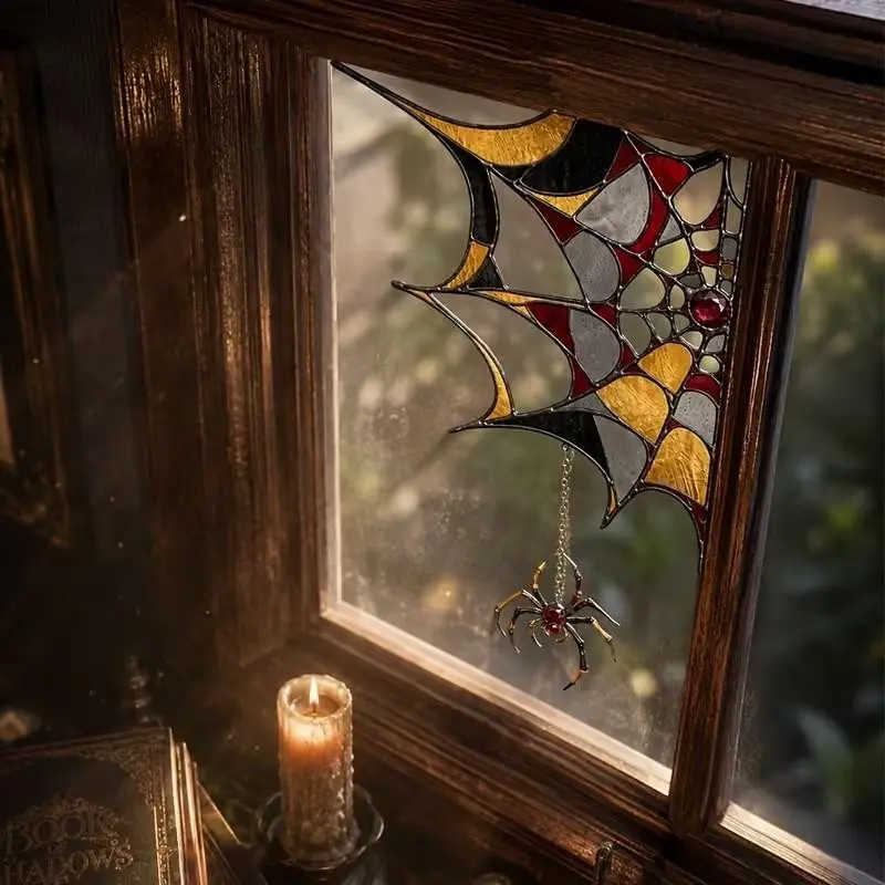 Vintage Colorful Glass Spider Web Hanging Ruby Spider Pattern, Halloween Static Window Sticker Window Decal, Reusable, No Glue, for Home Café Bar