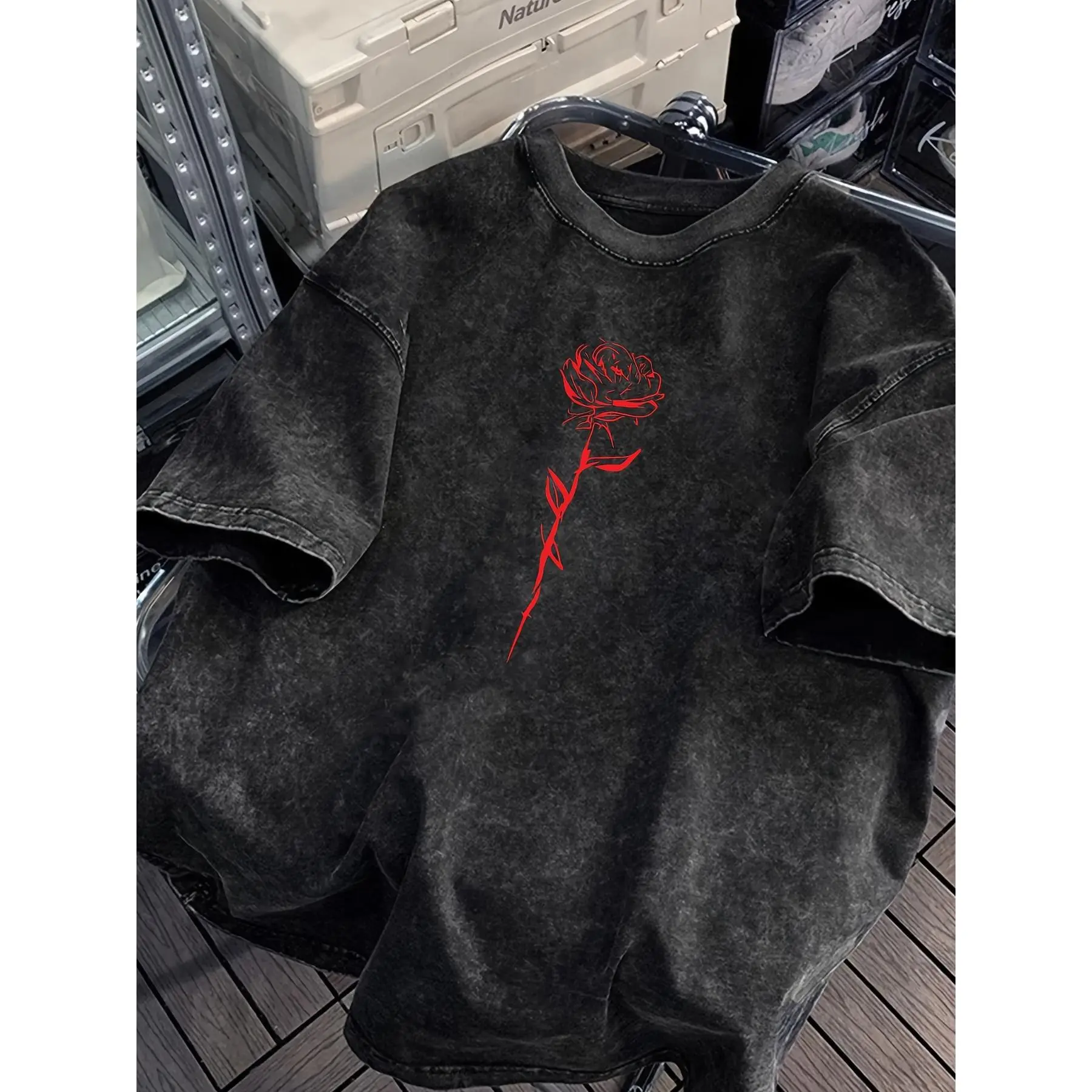 Men Black Red Rose Print Graphic Tee Loose Fit 100% Cotton Short Sleeve Round Neck Breathable Soft Street Style Urban Wear Summer Casual Top