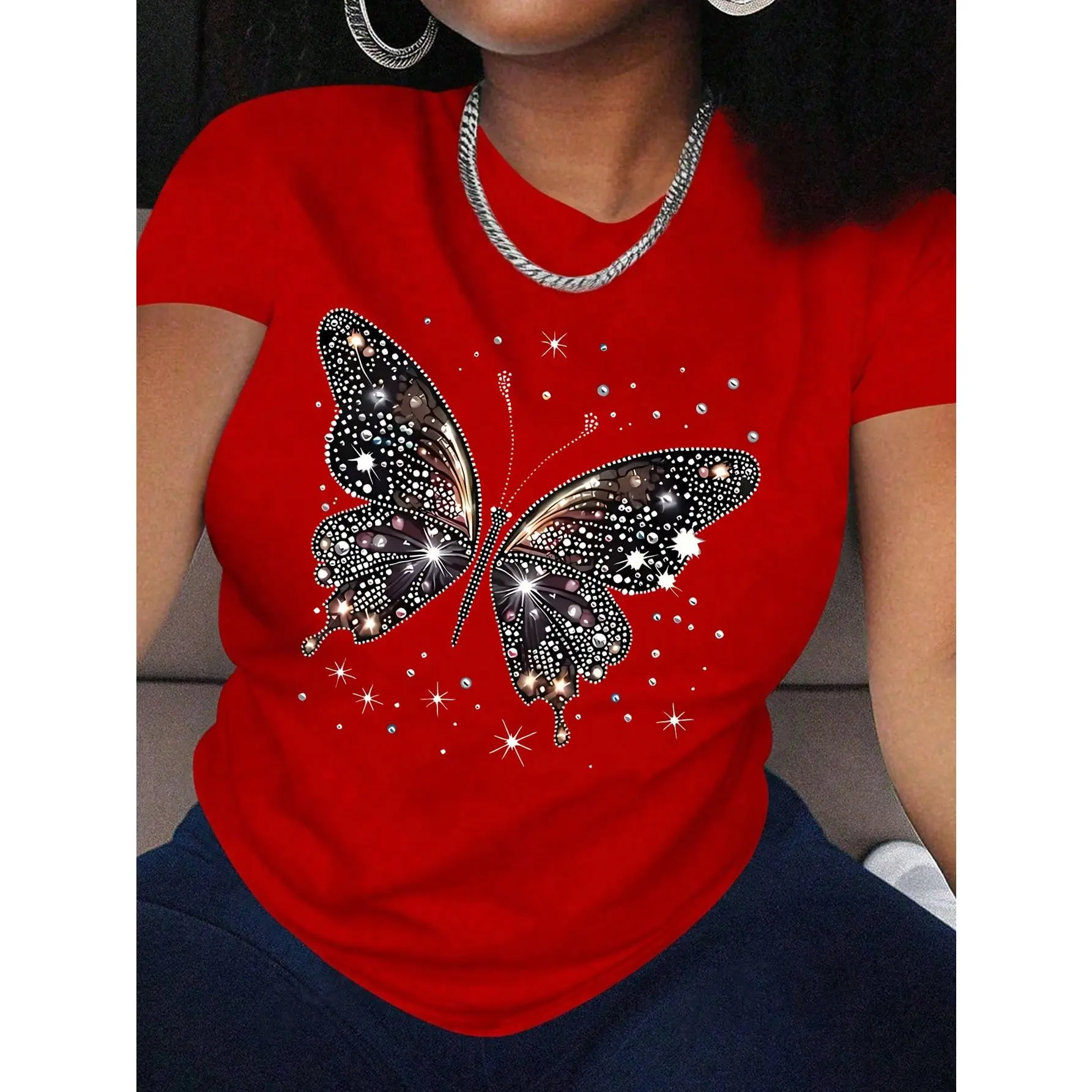 Plus Size Rhinestone Halloween T-Shirt, Casual Geometric All Over Print, Regular Fit Short Sleeve Round Neck Tee in Stretch Fabric, Shortsleeve, Tops, Rhinestones, Elastane, Polyester Blend, Medium Stretch, Night Out Wear, Regular Length, Christmas, Crew,
