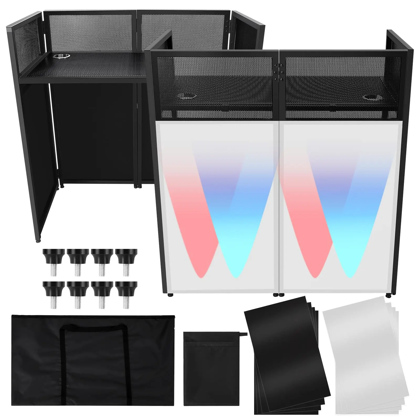 Heavy Duty Portable DJ Facade Booth Table Station - Alloy Steel DJ Controller Mixer Table with 200 Lbs Capacity, Sturdy Base, Black White Scrim Cloth, Cable Management, Carrying Bag for Weddings, Concerts (Portable Setup Included)