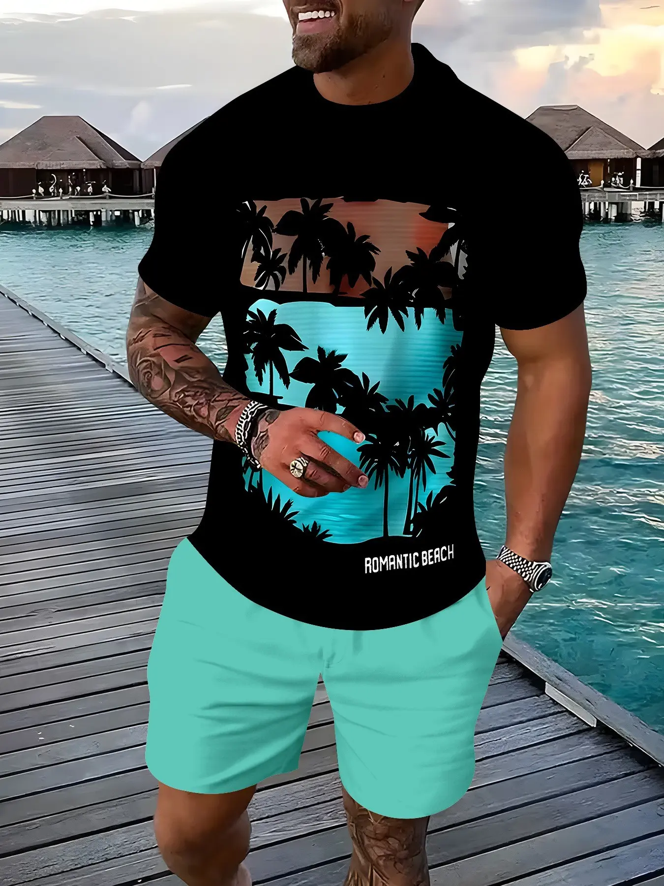Coastal coconut tree landscape print, casual men's short sleeved shorts two-piece set, trendy beach men's clothing
