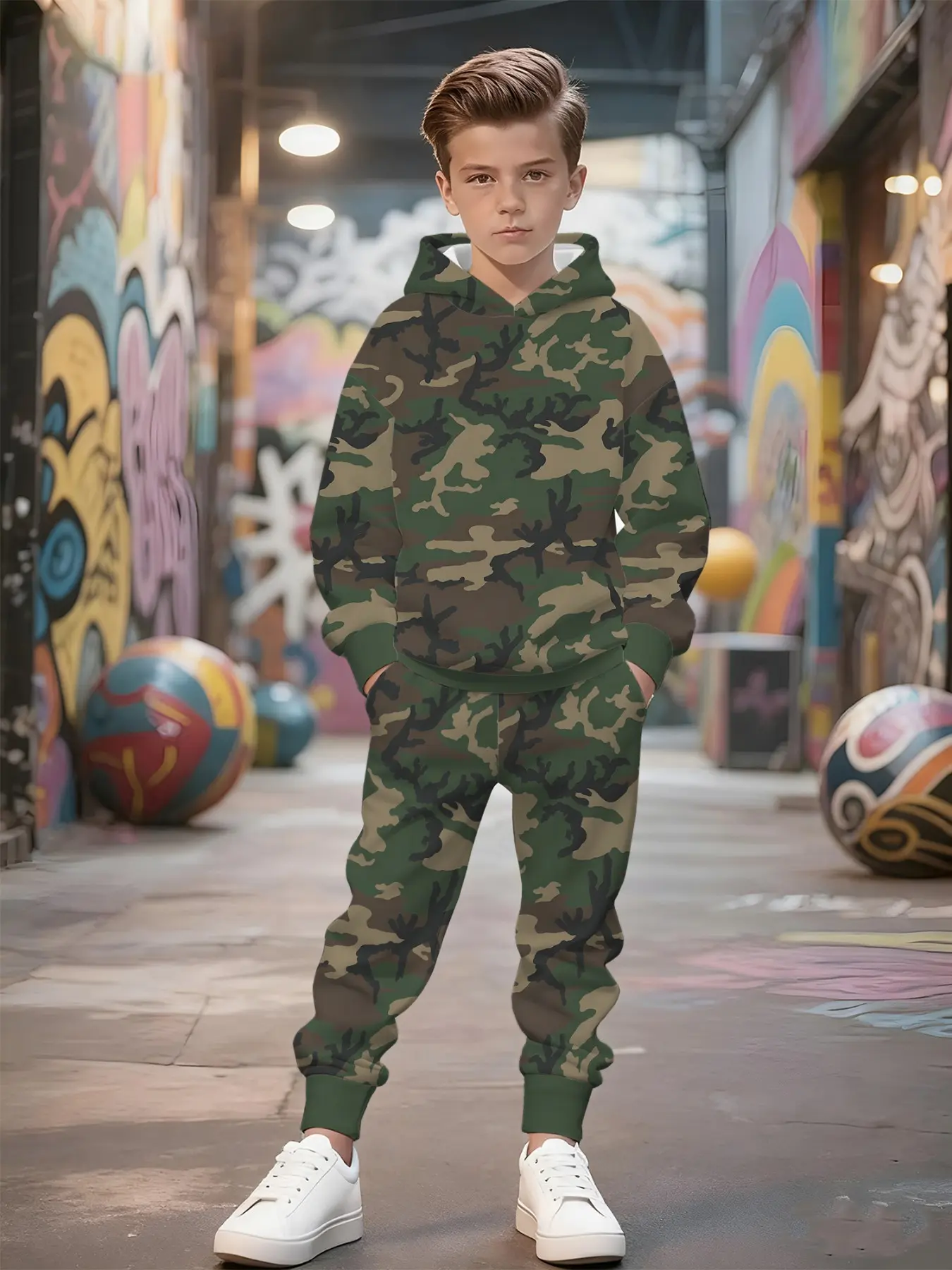 Trendy Camouflage Boys' Hooded Sweatshirt Set, Fall Winter Loose Fit Casual Two-Piece, Boy's Elastic Waist Long Pants