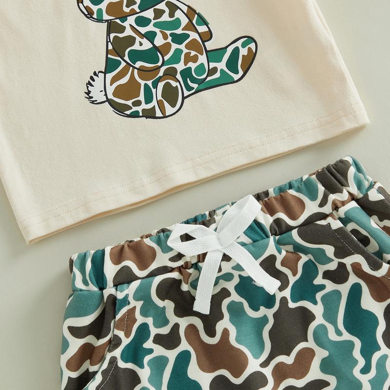 Kids Boys Shorts Set, Short Sleeve Rabbit Print T-shirt with Camouflage Shorts Easter Clothes Summer Outfit
