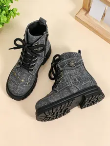 Fashion Holes Sewn Denim Mid-Calf Boots for Kids, Camouflage Cuff, Vintage Metal Button, Thick Sole, Side Zipper, Fall Winter Casual Shoes