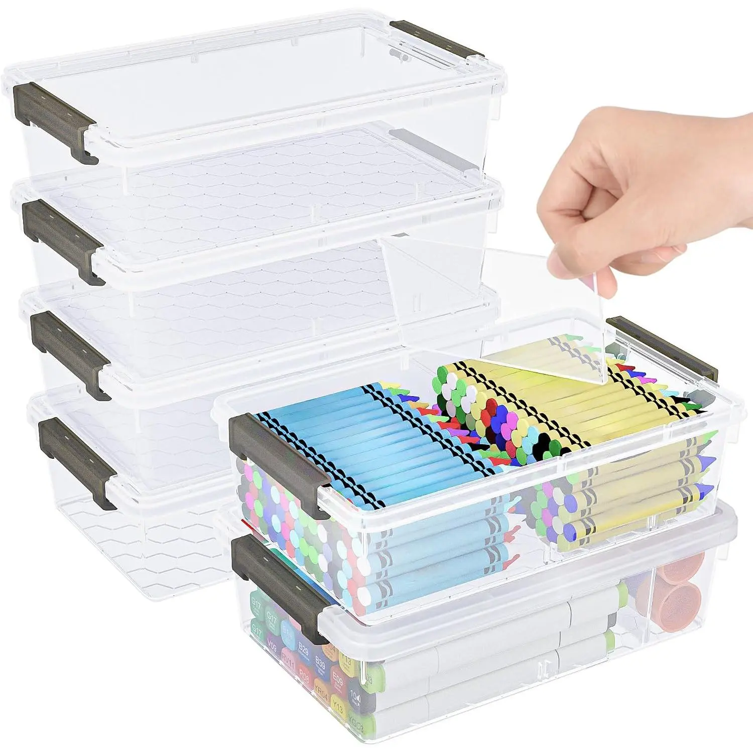 6 Pack  Pencil Box with Removable Divider, Thickened Pencil Case Bulk, Clear Crayon Marker Organizer Stackable Plastic Small Storage Containers for Pen Craft School Supplies(Grey)