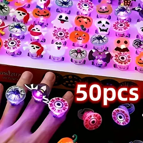 50-Pack LED Halloween Rings, Cute Pumpkin Ghost Skull Bat Spider Web Party Rings, Finger Rings, Holiday Decorations