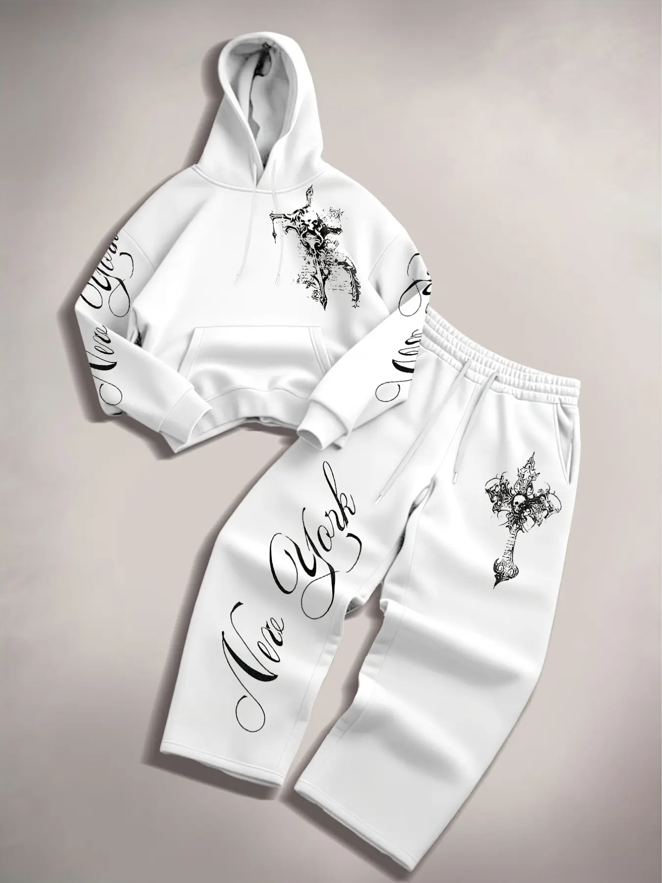 Y2K Goth Dark Alternative Two-Piece Tracksuit, Letter Print Sweatsuit, Hoodie Sweatpants Set, Cropped Drop-Shoulder Hoodie + Wide-Leg Sweatpants with Soft Fleece Fabric, Vintage New York Letter All-Over Print on Sleeves & Legs