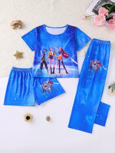 3-Piece K-Pop Demon Hunter Print Kids Flame Retardant Pajama Set, Cute Casual Sleepwear with T-Shirt and Elastic Shorts, All Seasons Adorable Loungewear