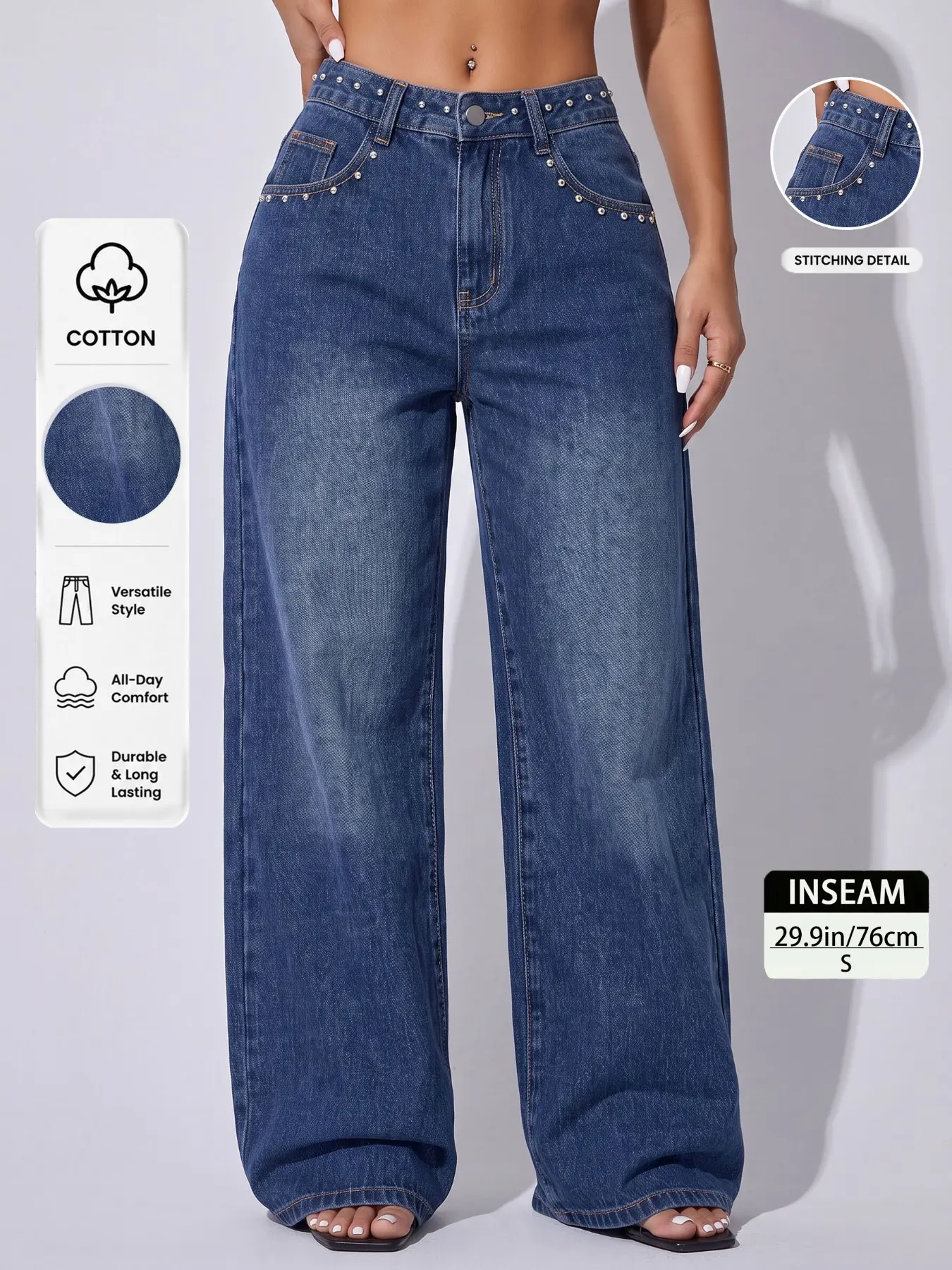 Women's Mid-Rise Wide Leg Loose Denim Jeans, Street Style Baggy Pants with Pleats & Rhinestone Details, Slimming Casual Trendy Trousers for Summer, All Seasons Latina Fashion Bottoms