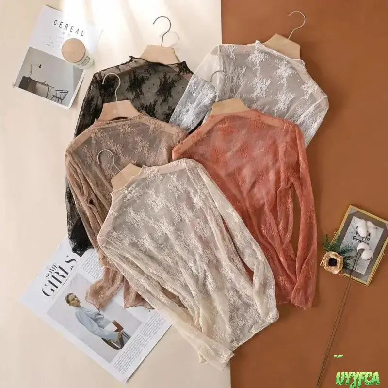Half Mock Neck Floral Lace Sheer Mesh Long Sleeve Top, See Through Slim Fit Scallop Edge Layering Blouse, Ditsy Flower Embroidery Transparent Mesh Tee, Y2K Coquette Aesthetic Lightweight Layering Shirt For Women Daily Street Casual Outfit,Summerwins summe