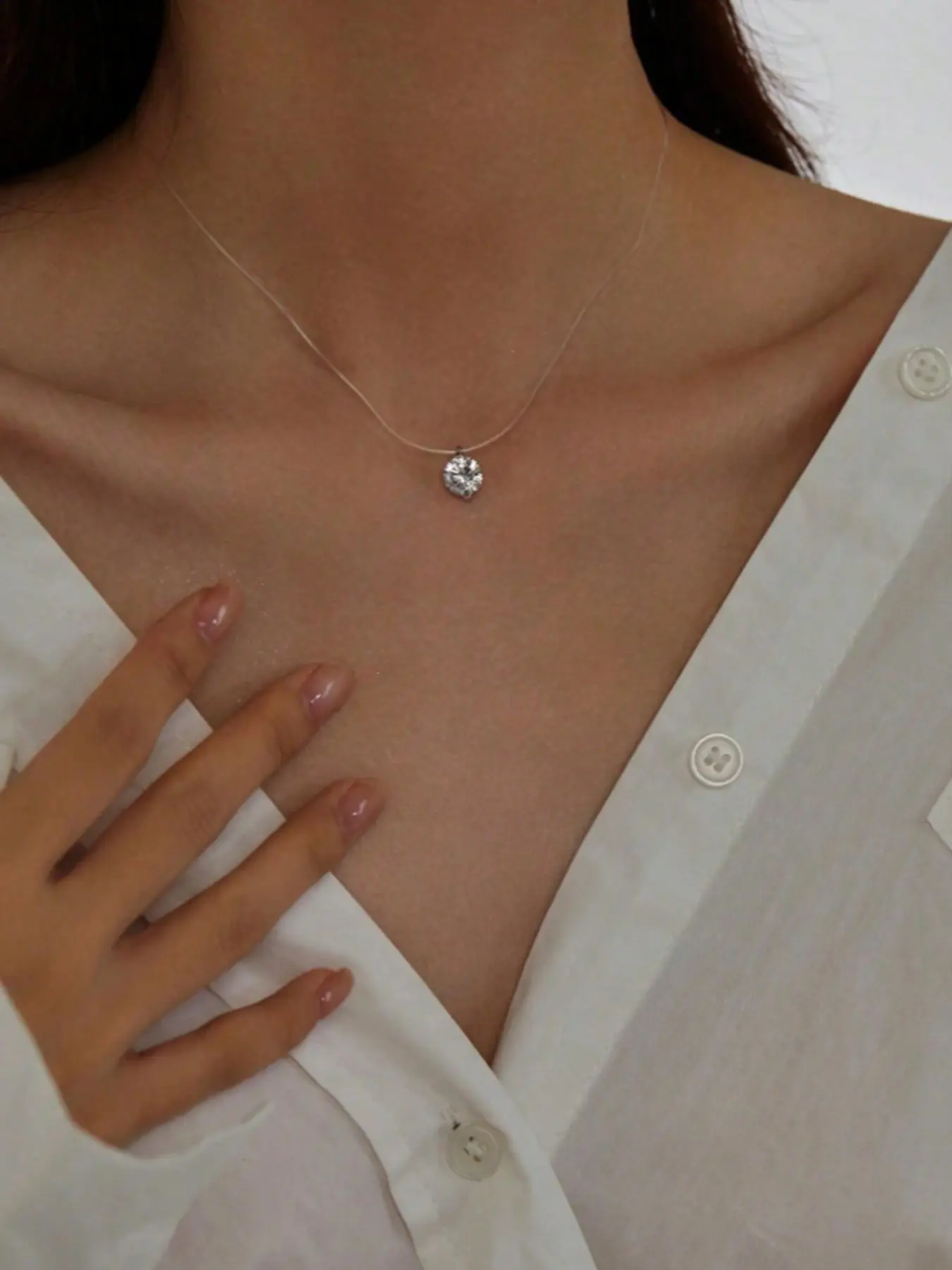 Invisible Fish Line Cz Diamond Pendant Necklace, Transparent Illusion Chain, Minimalist Design, Sheer Invisible String, Delicate Everyday Jewelry, Unisex Appeal