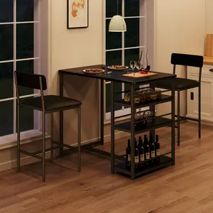 Space-Saving Dining Table Set for 2 with 3 Large Storage Shelves – Upholstered Chairs – Modern Bar Table, Ideal for Small Kitchens, Breakfast Nooks, Apartments